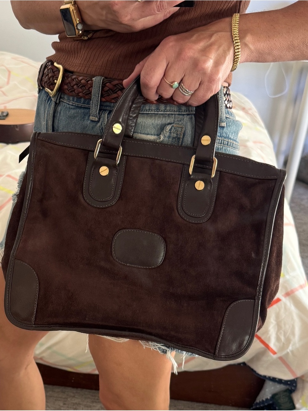 Vintage Saks Fifth Avenue Dark Brown Leather & Suede Handle Satchel Tote